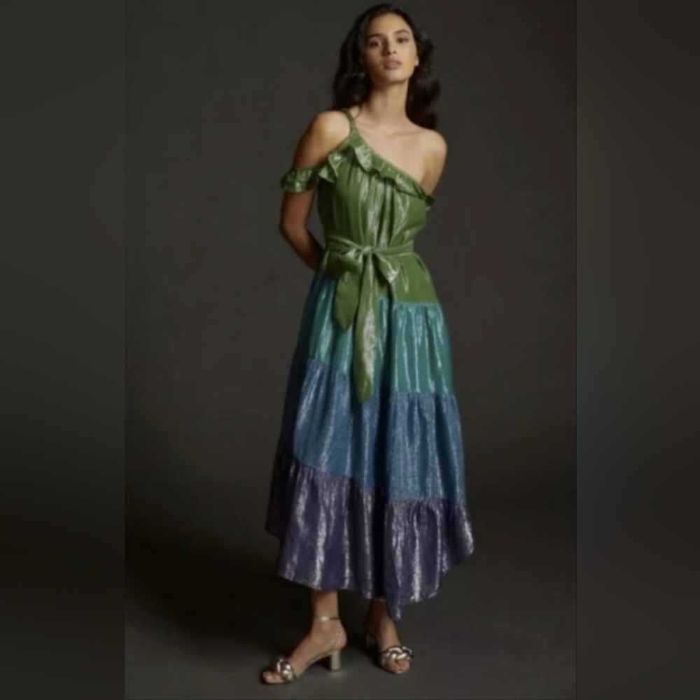 NWT Anthropologie Maeve Ruffled One Shoulder Shimmery Dress
